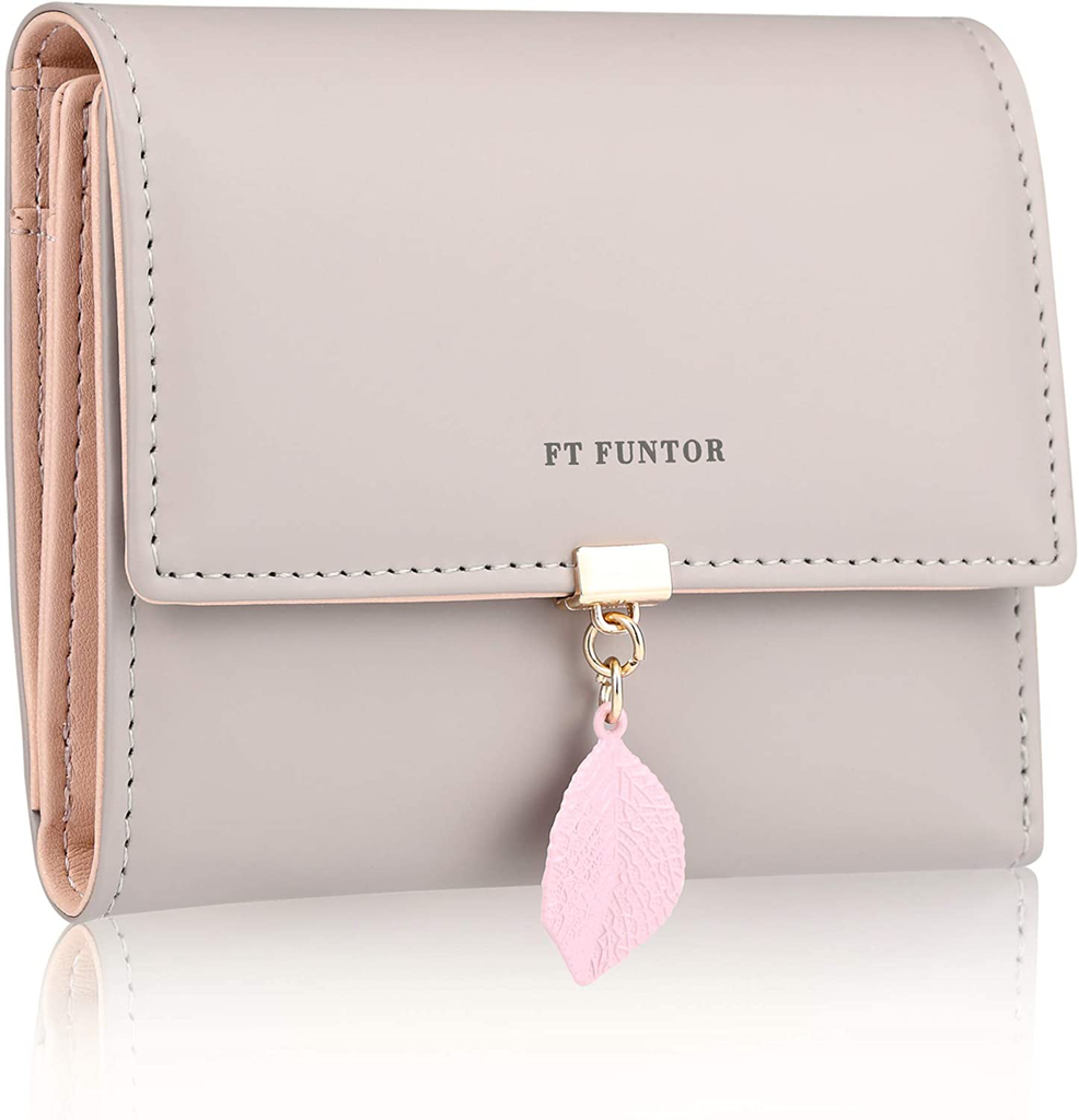 FT Funtor RFID Wallets for Women, Leaf Card Holder Trifold Ladies Wallets Coins Zipper Pocket with ID Window