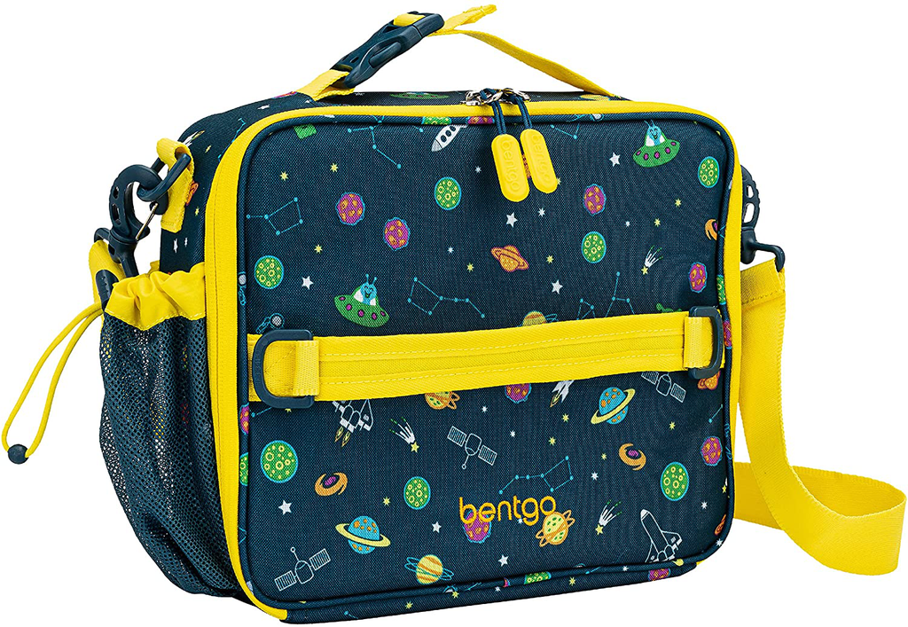Bentgo Kids Prints Lunch Bag - Double Insulated, Durable, Water-Resistant Fabric with Interior and Exterior Zippered Pockets and External Bottle Holder- Ideal for Children of All Ages (Space)