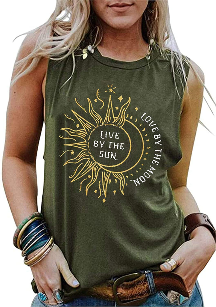 Live by The Sun Love by The Moon Tank Tops Women Funny Sun Moon Graphic T-Shirt Casual Sleeveless Beach Shirt Tank