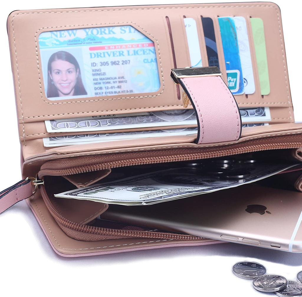 Women's Short Purse Leather Medium Wallet Leaf Bifold Card Coin Holder Small Purses Buckle Zipper Clutch-by Vodiu