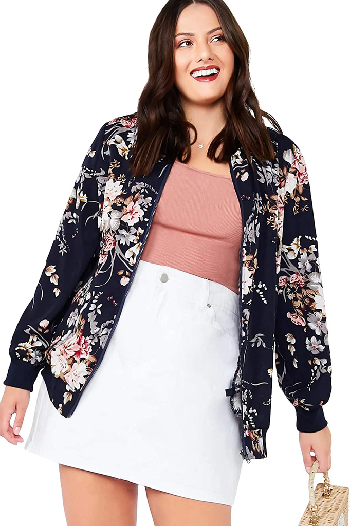 MakeMeChic Women's Plus Lightweight Floral Print Long Sleeve Zip Up Bomber Jacket Outwear