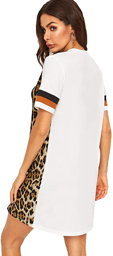 Floerns Women's Short Sleeve Color Block Leopard Print Tunic Dress