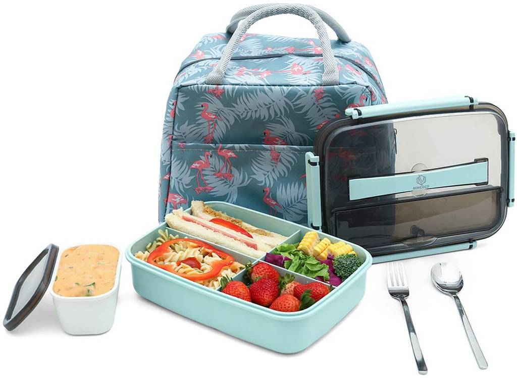 MINCOCO Bento Lunch Box Leak-proof Eco-Friendly Bento Box Food Storage Containers with Large Lunch Bag, Sauce Jar, Stainless Spoon&Fork for Adults Women Men Kids (Navy Blue)