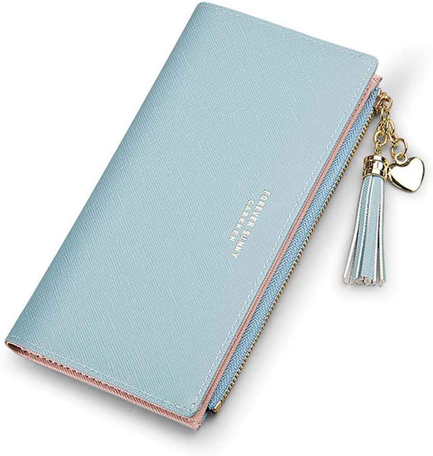 Slim Wallet for Women Long Tassel Zipper Clutch Purse Handbag Card Case Wallet (Blue)
