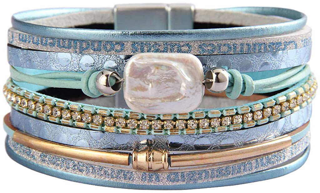 AZORA Womens Leather Cuff Bracelet Baroque Pearl Wrap Bracelets Gorgeous Gold Tube Bangle Handmade Wristbands Jewelry Bohemian Gift for Women, Teen Girls, Mother
