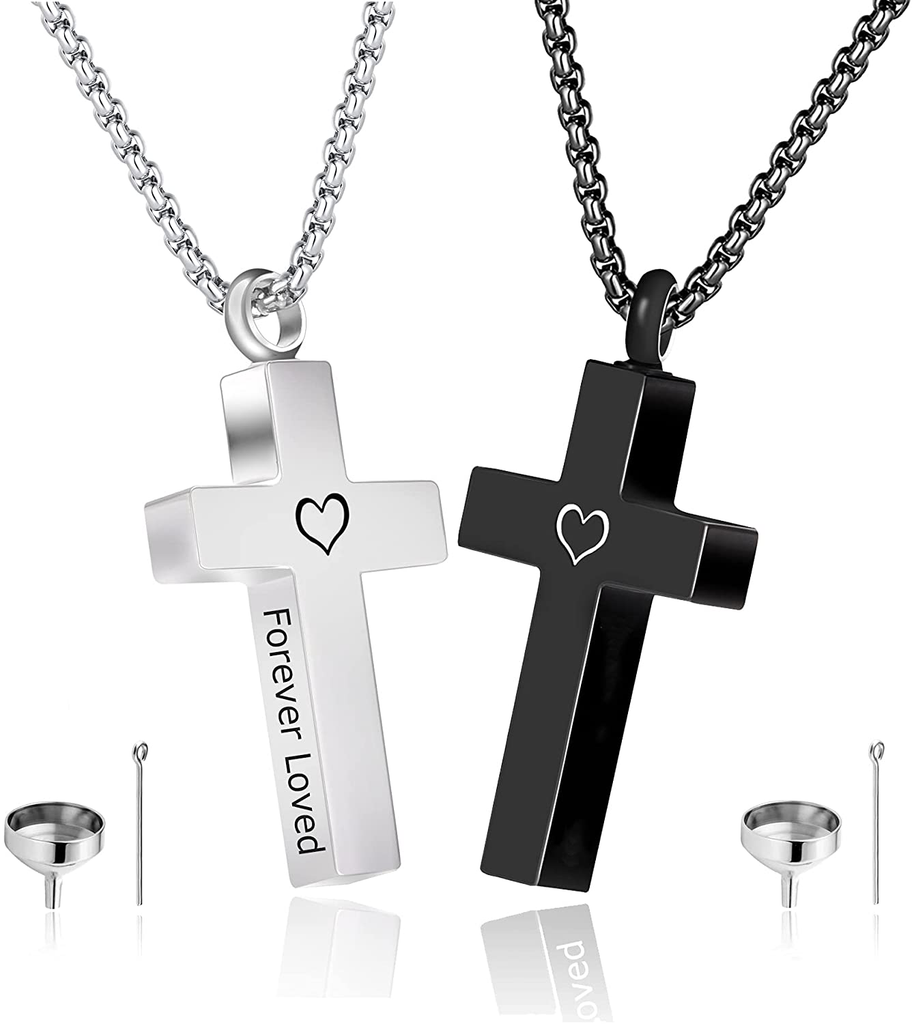 2 Pcs Urn Necklaces for Ashes Memorial Cremation Urn Necklace Stainless Steel Black Silver Tone Bar Pendant Necklace Ashes Keepsake Jewelry with Cubic Zirconia