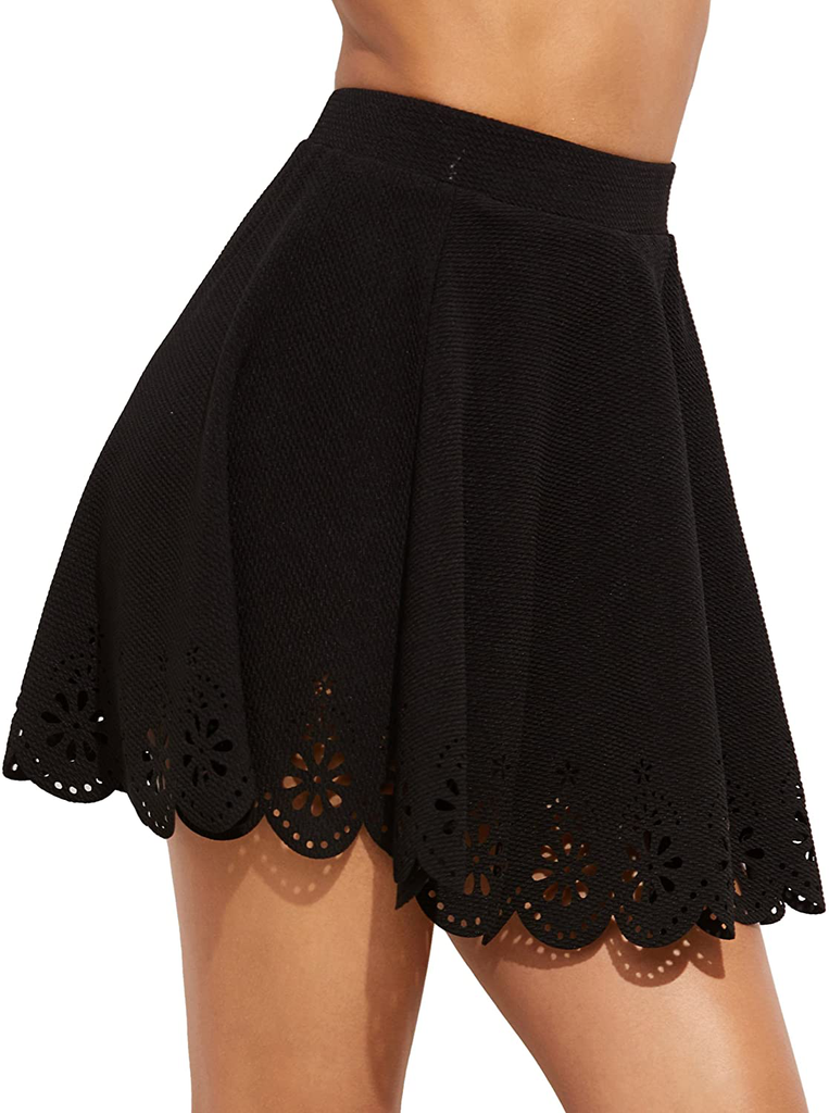 SheIn Women's Basic Solid Cutout Scallop Hem Flared Mini Skater Skirt