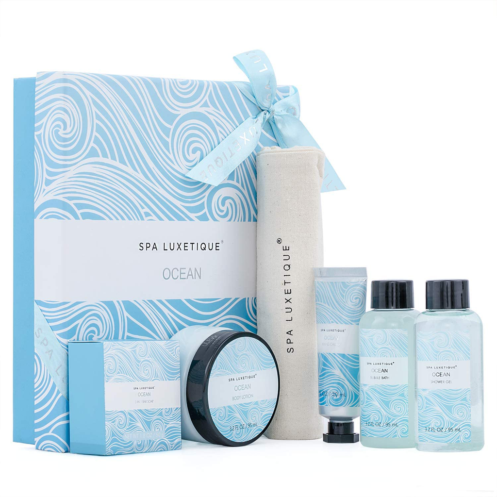 Spa Luxetique Spa Gift Baskets for Women - Relaxing Spa Basket, Ocean Bath and Body Spa Kit, Includes Body Lotion, Shower Gel, Bubble Bath, Hand Cream, Travel Bag. Christmas Gifts, 6 Pcs