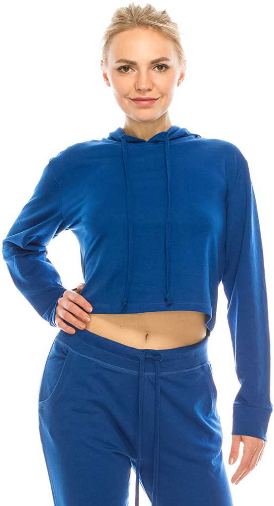 Women's Casual Crop Hoodie Sweatshirt - Long Sleeve Cute Cropped Plain Workout Drawstring Hooded Pullover Top