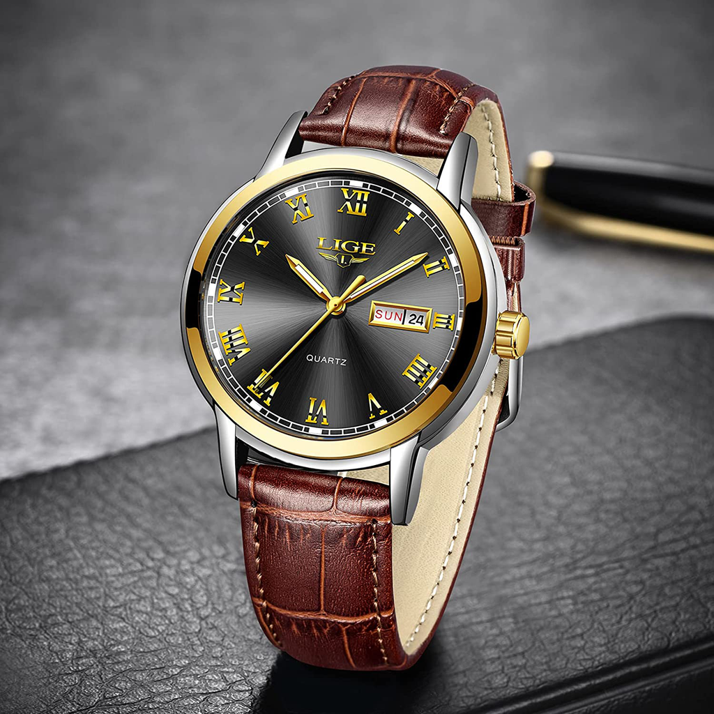LIGE Mens Watches Casual Leather Analog Quartz Watch Men Black Fahison Dress Wristwatch Men's Waterproo Sport Clock Business Date Casual Watch Men