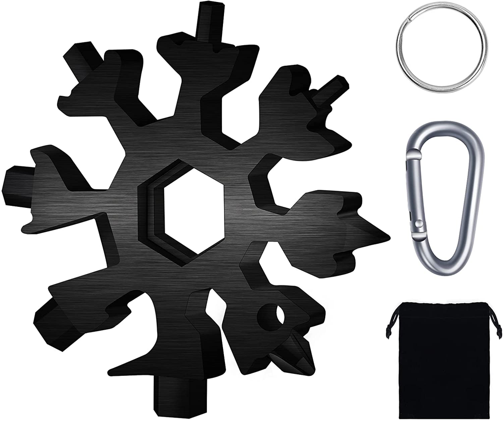Fzeneast Snowflake Multitool, 3 Pcs 18-In-1 Stainless Steel Snowflake Standard Multitool, Snowflake Wrench with Key Ring, Carabiner Clip and Storage Pouch (Black)