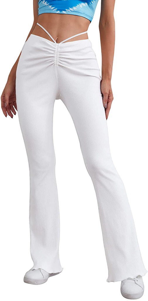 SheIn Women's Cut Out High Elastic Waist Long Pants Flare Leg Solid Trousers