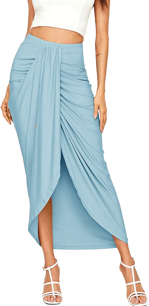 SheIn Women's Casual Slit Wrap Asymmetrical Elastic High Waist Maxi Draped Skirt