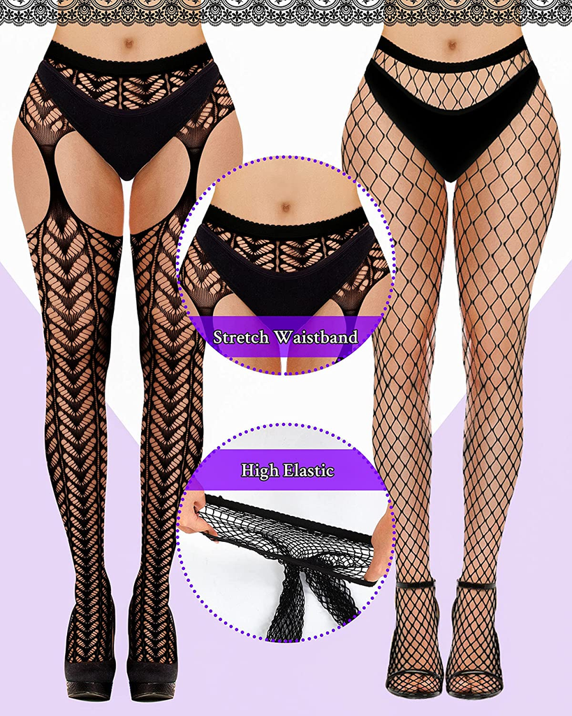Women's Fishnet Stockings Thigh High Garter Stockings - 6 Pairs