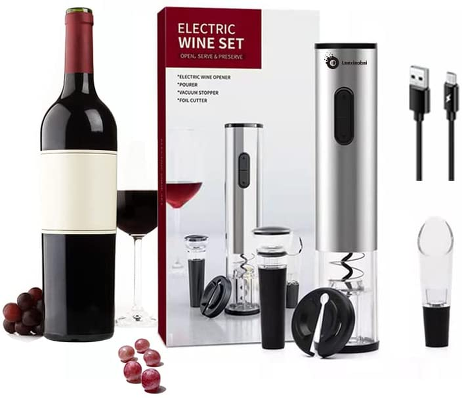 Electric Wine Opener, Stainless Steel Automatic Wine Opener Set with Wine Aerator Pourer & Foil Cutter & Vacuum Stoppers(4 Piece Gift Set)