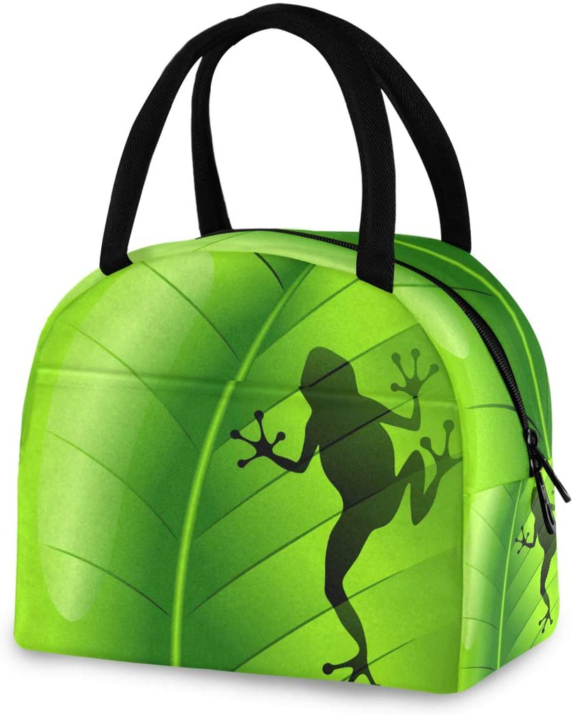 ZZKKO Frog Shape on Green Leaf Lunch Bag Box Tote Organizer Lunch Container Insulated Zipper Meal Prep Cooler Handbag For Women Men Home School Office Outdoor Use