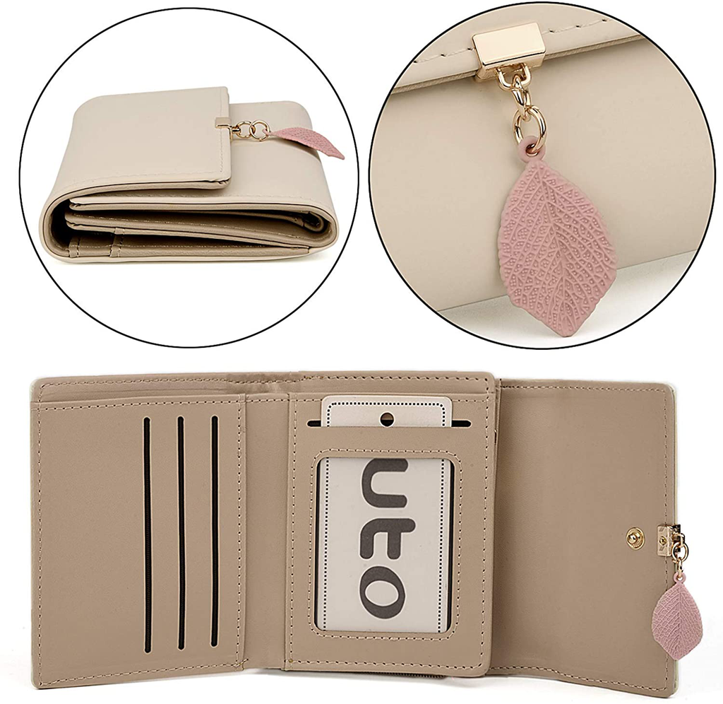 UTO Small Wallet for Women PU Leather Leaf Pendant Card Holder Organizer Zipper Coin Purse