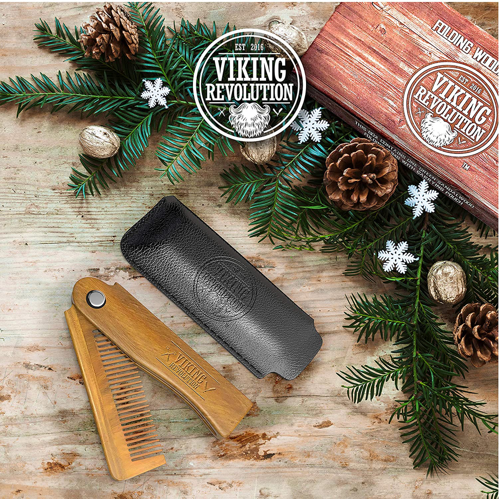 Folding Beard Comb W/Carrying Pouch for Men - All Natural Wooden Beard Comb W/Gift Box - Green Sandalwood Comb for Grooming & Combing Hair, Beards and Mustaches by Viking Revolution