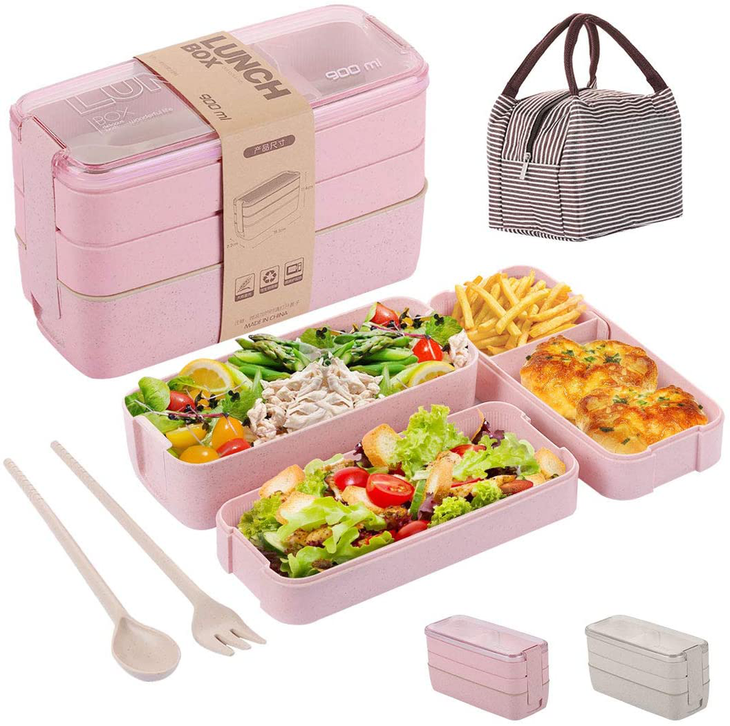 Bento Box for Adults Kids, 3-In-1 Meal Prep Container, 900ML Janpanese Lunch Box with Compartment, Wheat Straw, Leak-proof, Spoon & Fork & Lunch Bag, BPA-free (Pink)