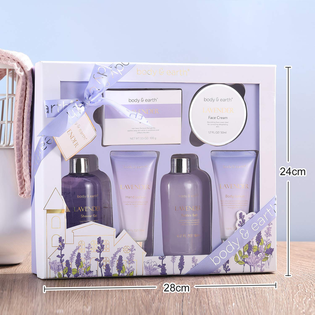 Gift Box for Women - Bath and Body Gifts for Women, Body & Earth Luxurious 6 Pcs Spa Gift Set Lavender Scent with Bubble Bath, Shower Gel, Hand&Face Cream, Body Lotion, Self Care Women Christmas Gifts