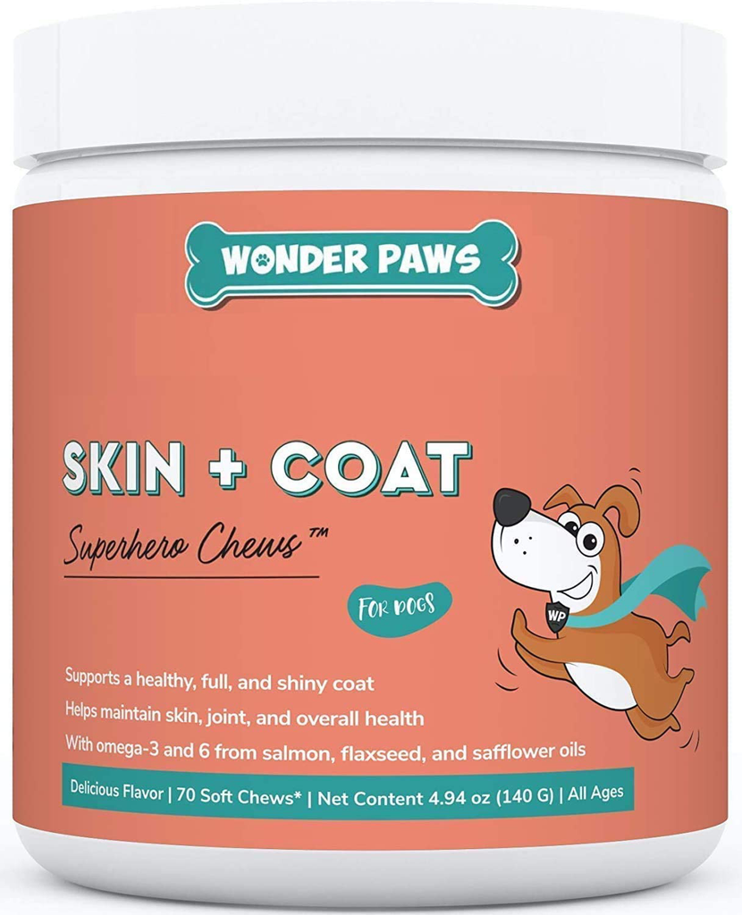 Wonder Paws Skin & Coat Supplement for Dogs with Salmon Oil, Omega 3 & 6, EPA & DHA, Promotes Healthy Skin and Coat, Itchy Relief, Joint and Overall Health, Delicious Flavor, 70 skin & coat Soft Chews