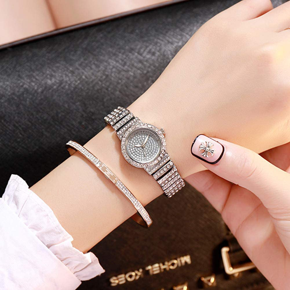 MINILUJIA Women Luxury Stainless Steel Quartz Analog Watches Artificial Crystal Shining Bling Starry Sky Small Round Dial Dress Wrist Watches