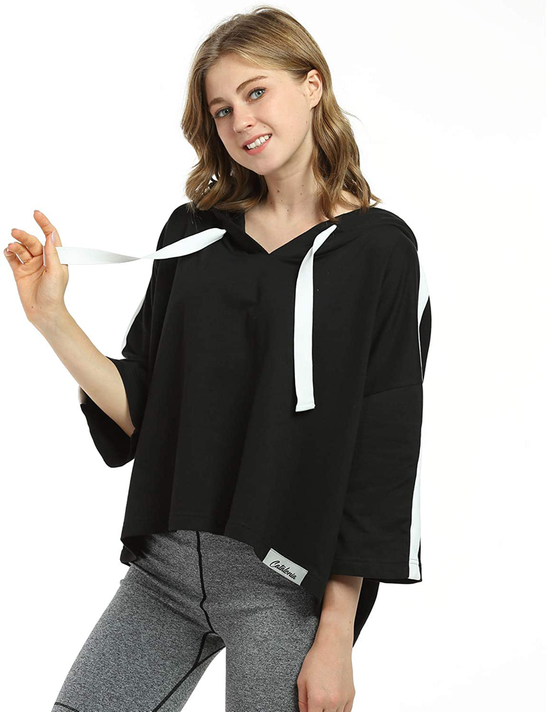 Women’s Casual Cropped Hoodie, 3/4 Sleeve Loose Pullover Sweatshirt Crop Top
