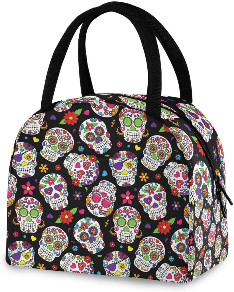 ZZKKO Sugar Skull Floral Lunch Bag Box Tote Organizer Lunch Container Insulated Zipper Meal Prep Cooler Handbag For Women Men Home School Office Outdoor Use