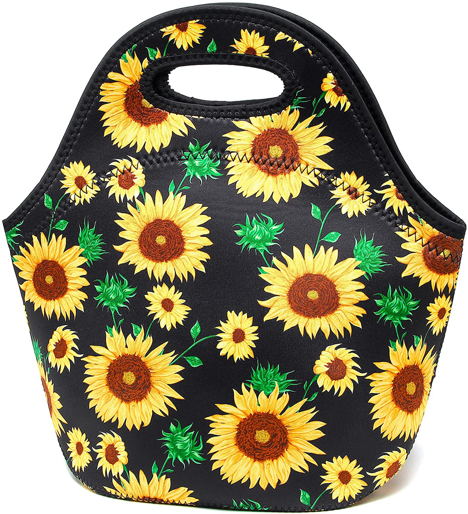 Neoprene Lunch Bags Insulated Lunch Tote Bags for Women Washable lunch container box for work picnic Lightweight Meal Prep Bags for Men Women (Green sunflowers, Neoprene)