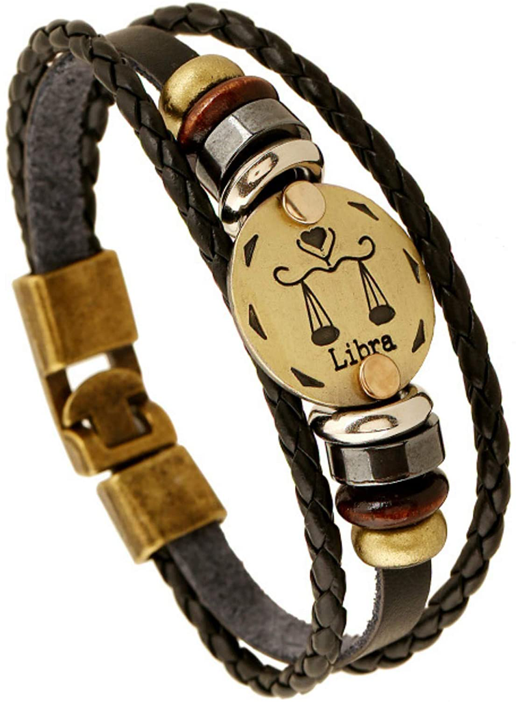 FLDC 12 Constellation Zodiac Sign Leather Bracelet Birthday Gifts for Men Women Boys Girls