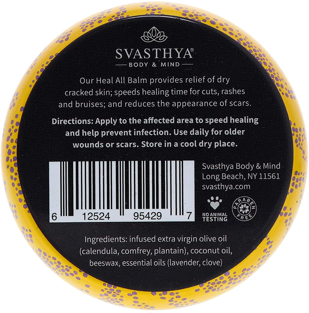 SVASTHYA BODY & MIND Essential Oil Heal All Balm - for Dry Cracked Skin, Speeds up Healing & Relieves Irritation, Beeswax, Olive, Coconut & Essential Oils - 100% Natural, Made in the USA, 2 Oz