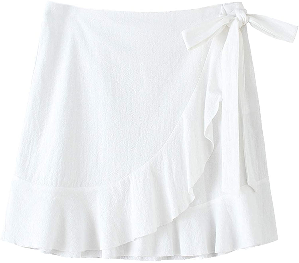 ChainJoy Womens High Waist Ruffle Hem Tie Wrap Skirt Summer Casual A Line Overlap Skirt