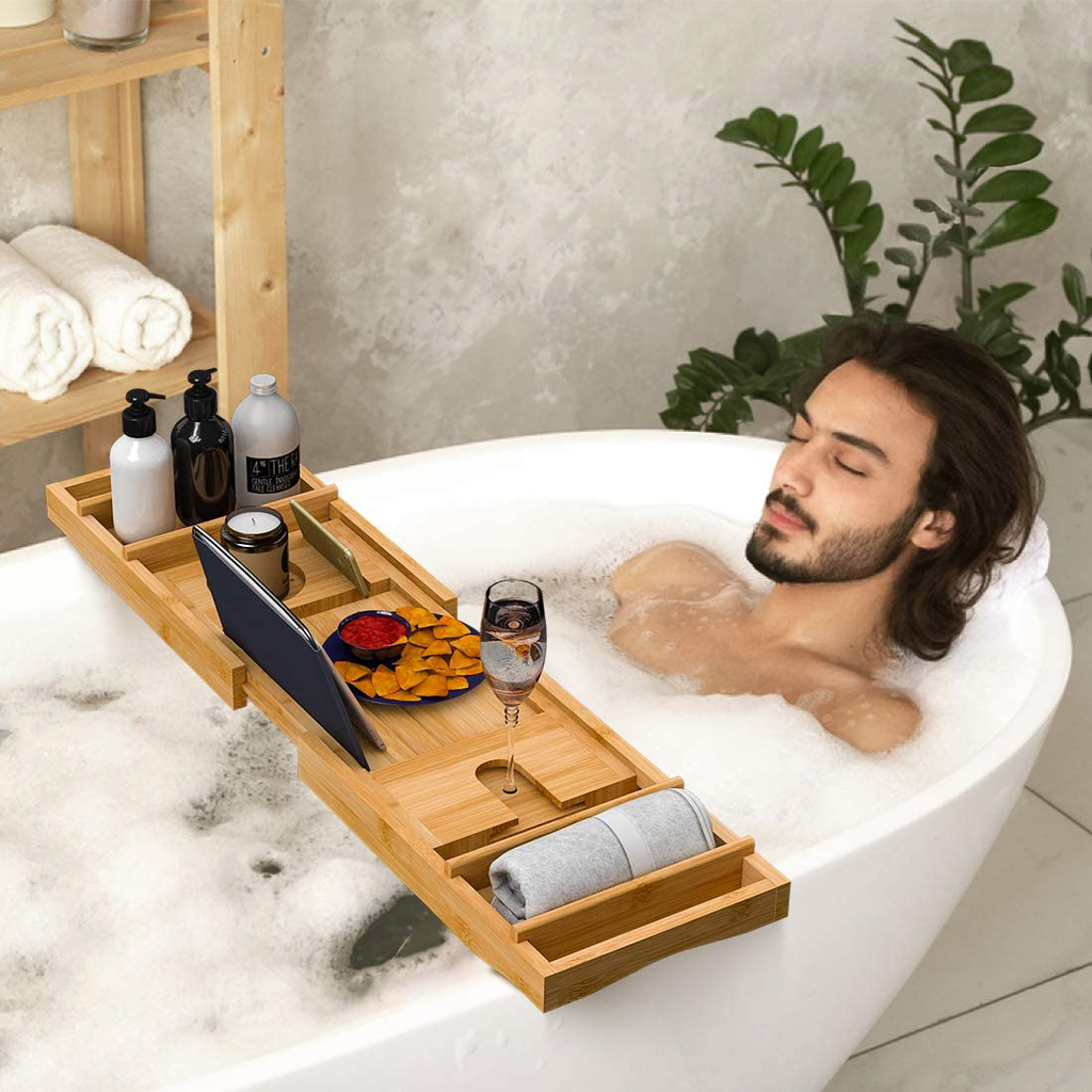 Bathtub Caddy Tray for Luxury Bath - Bamboo Waterproof Expandable Bath Table Over Tub with Wine and Book Holder and Free Soap Dish (Brown)