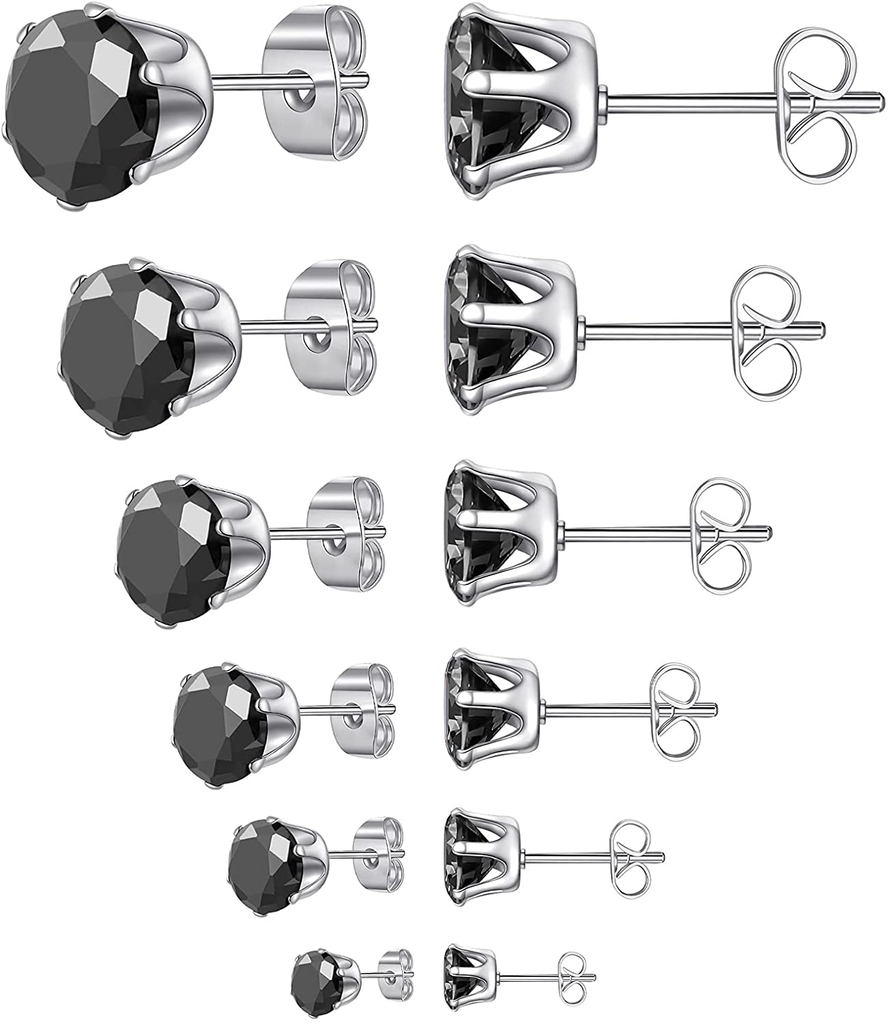6 Pairs Stud Earrings Set,Clear Cubic Zirconia 316L Stainless Steel Earrings for Women for Men 3-8mm
