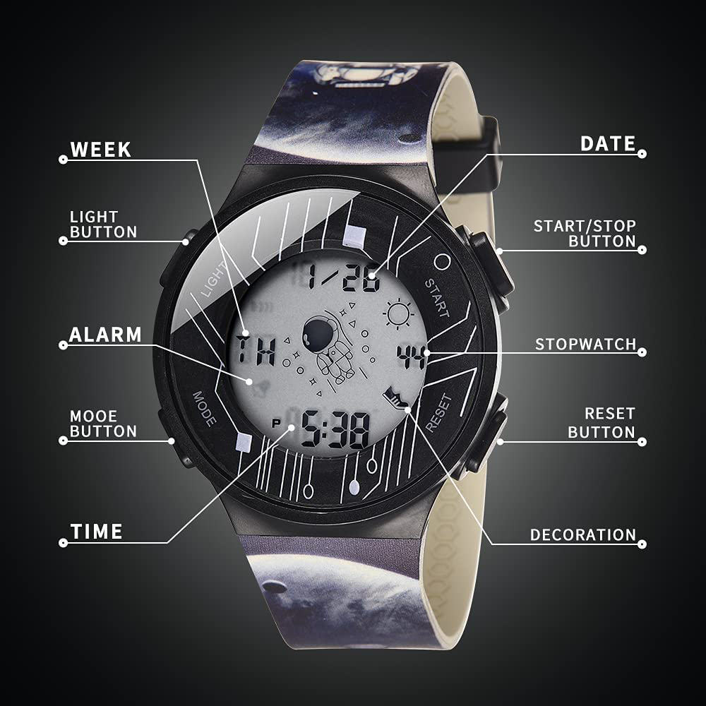 Spaceman Digital Watches for Men and Women Waterproof Military Wristwatch Interesting Cartoons Design LED Blue Light Outer Space 2 Size Large Face Alarm Stopwatch Gift for Boys and Girls