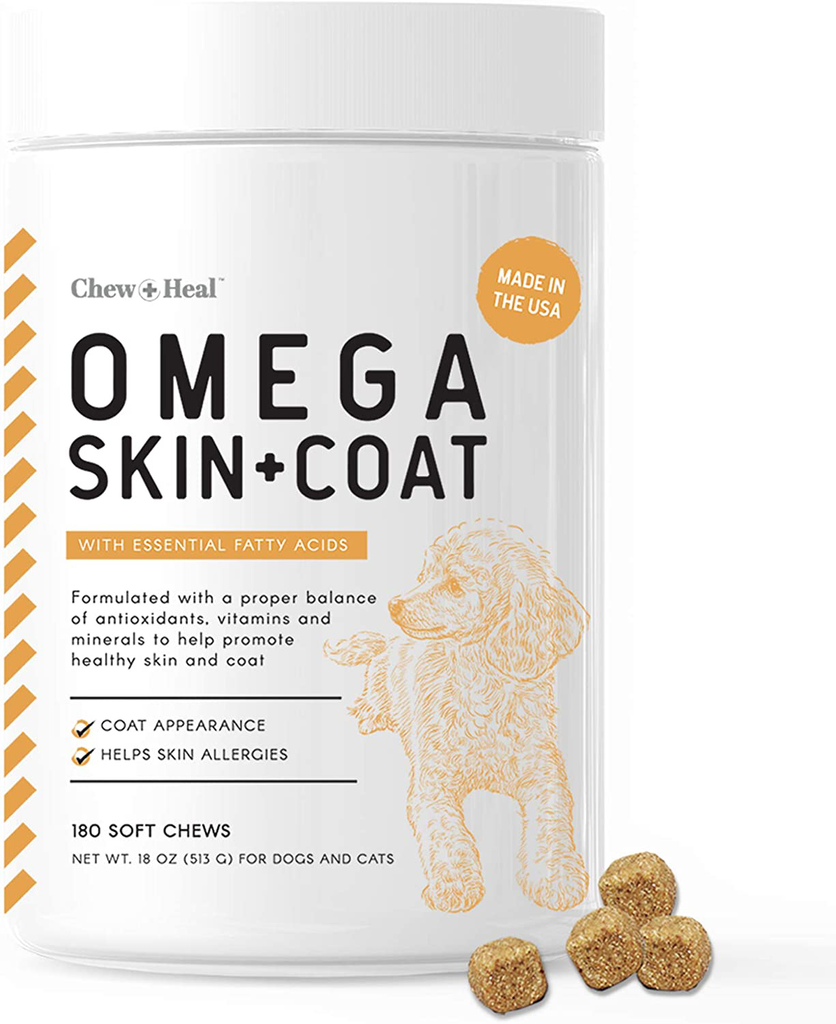 Chew + Heal Salmon Oil for Dogs - 180 Soft Chew Omega Treats for Skin and Coat - Fish Oil Blend of Essential Fatty Acids, Omega 3, 6, and 9, Vitamins, Antioxidants and Minerals - Made in USA