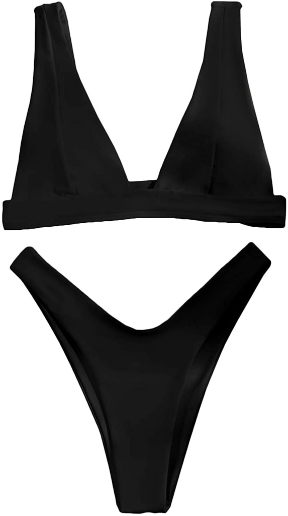 Women's Solid High Cut Thong Bikini Swimsuit Padded Plunging Bathing Suit