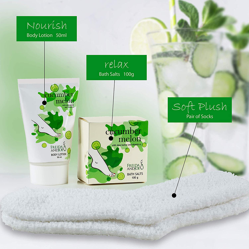 Home Spa Bath Gift Basket - Relaxing Cucumber Melon Fragrance - Luxury Bath & Body Set for Women - with Body Lotion, Bath Salts and Super Soft Cozy Socks - At-Home Spa Self Care Relaxation Kit