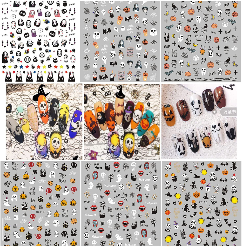 Halloween Nail Art Stickers Decals 6 Sheets Skull Pumpkin Spider Bat Ghost Witch Blood Nail Art Stickers Self Adhesive Fingernails Decorations DIY Nail Art Tips Accessories