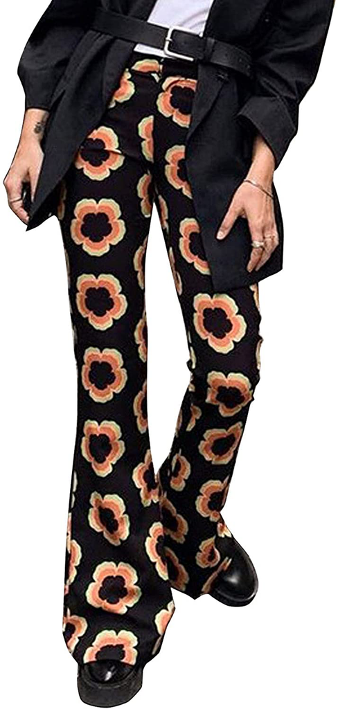 Women Boho Vintage Stretchy Bell Bottom High Waist Flare Pants Hippie Baggy Wide Leg Palazzo Trousers