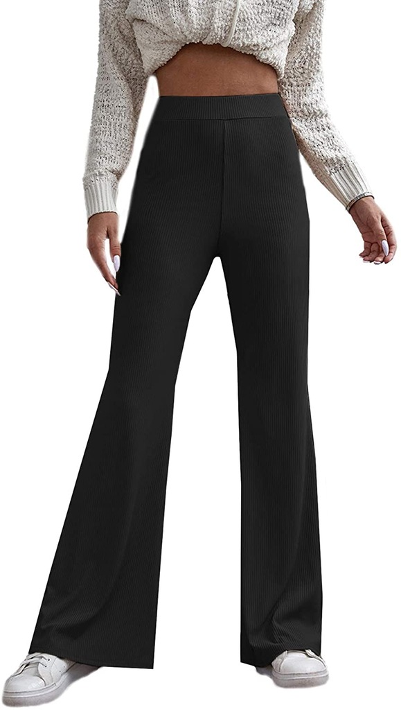SOLY HUX Women's Elastic Waist Tie Front Flare Leg Pants Ribbed Knit Trousers