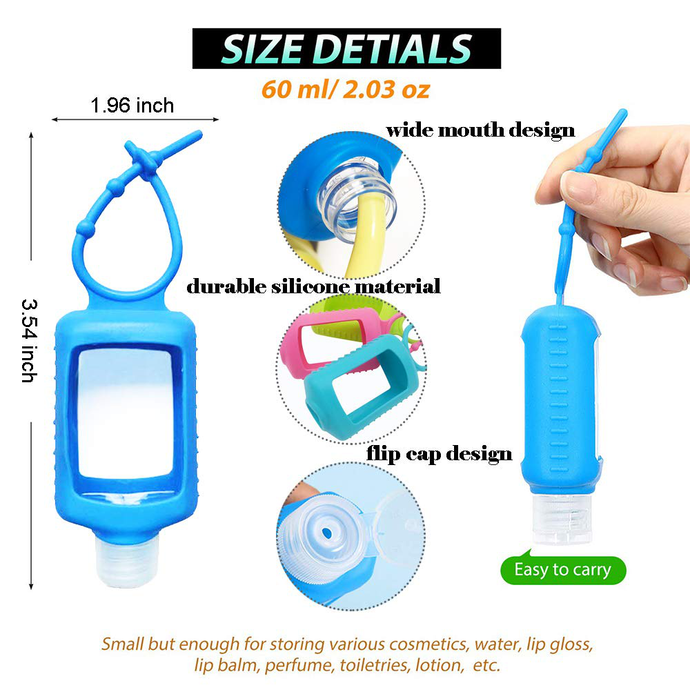 Choeeu 4 Pack Travel Size Plastic Clear Bottles W/Silicone Sleeve Refillable Empty Squeeze Containers Leakproof Flip Cap Keychain Bottles Hand Sanitizer Holder for Backpack Travel Outdoor (60Ml/2Oz)