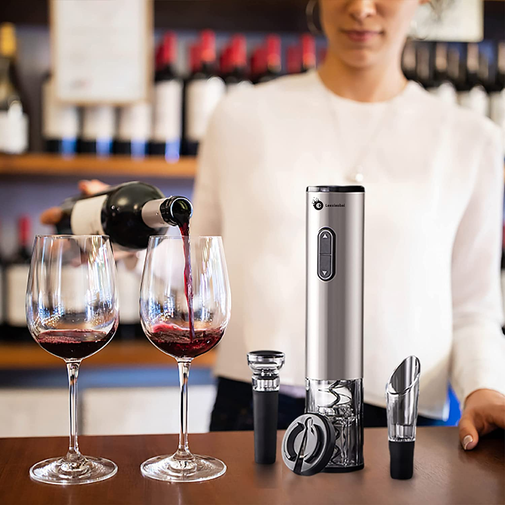 Electric Wine Opener, Stainless Steel Automatic Wine Opener Set with Wine Aerator Pourer & Foil Cutter & Vacuum Stoppers(4 Piece Gift Set)