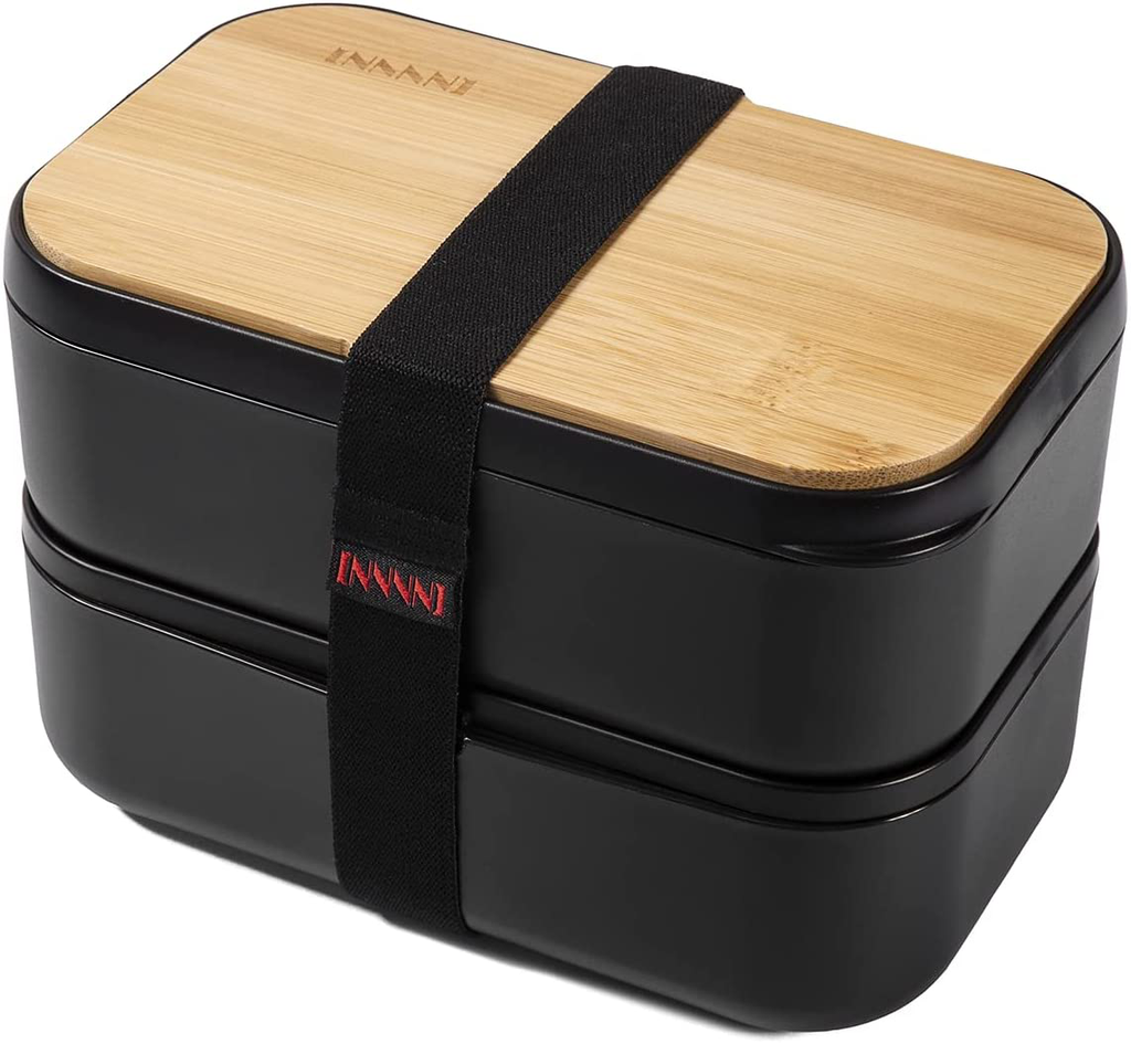 INVVNI Japanese Bento Box Adult Lunch Bamboo Containers for Kids Black (Large 68 Oz Capacity)- Microwave safe, Bpa free, Leakproof, Men Women