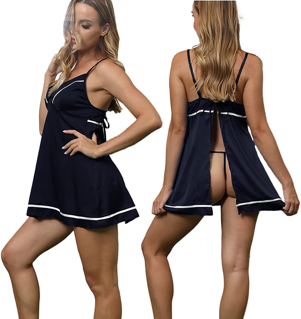 Women Babydoll Lingerie Satin Nightie Backless Chemise Loose Sleepwear Mini Nightgown Full Slip Short Dress with Thong