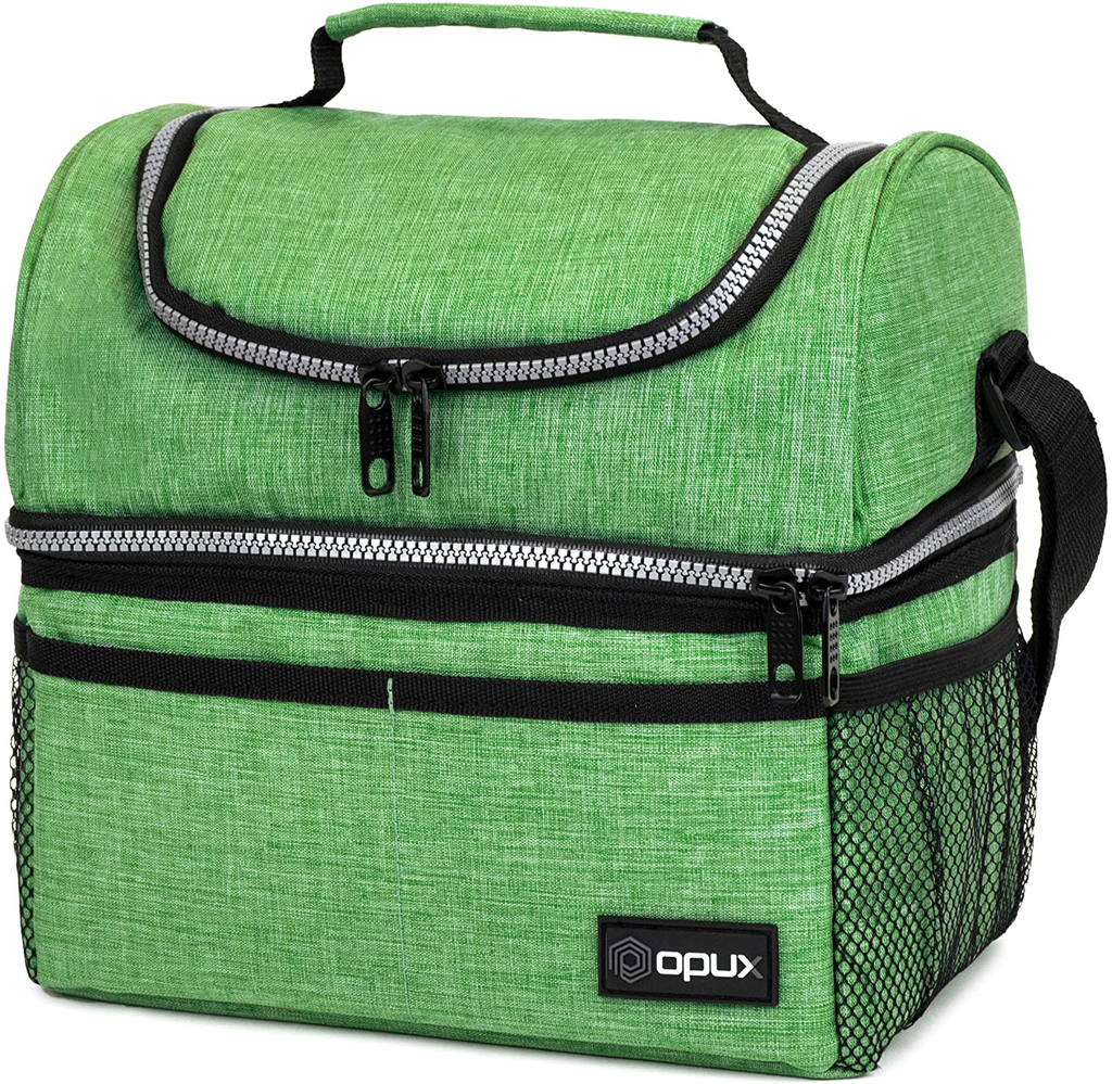 Insulated Dual Compartment Lunch Bag for Men, Women | Double Deck Reusable Lunch Box Cooler with Shoulder Strap, Leakproof Liner | Medium Lunch Pail for School, Work, Office (Heather Green)