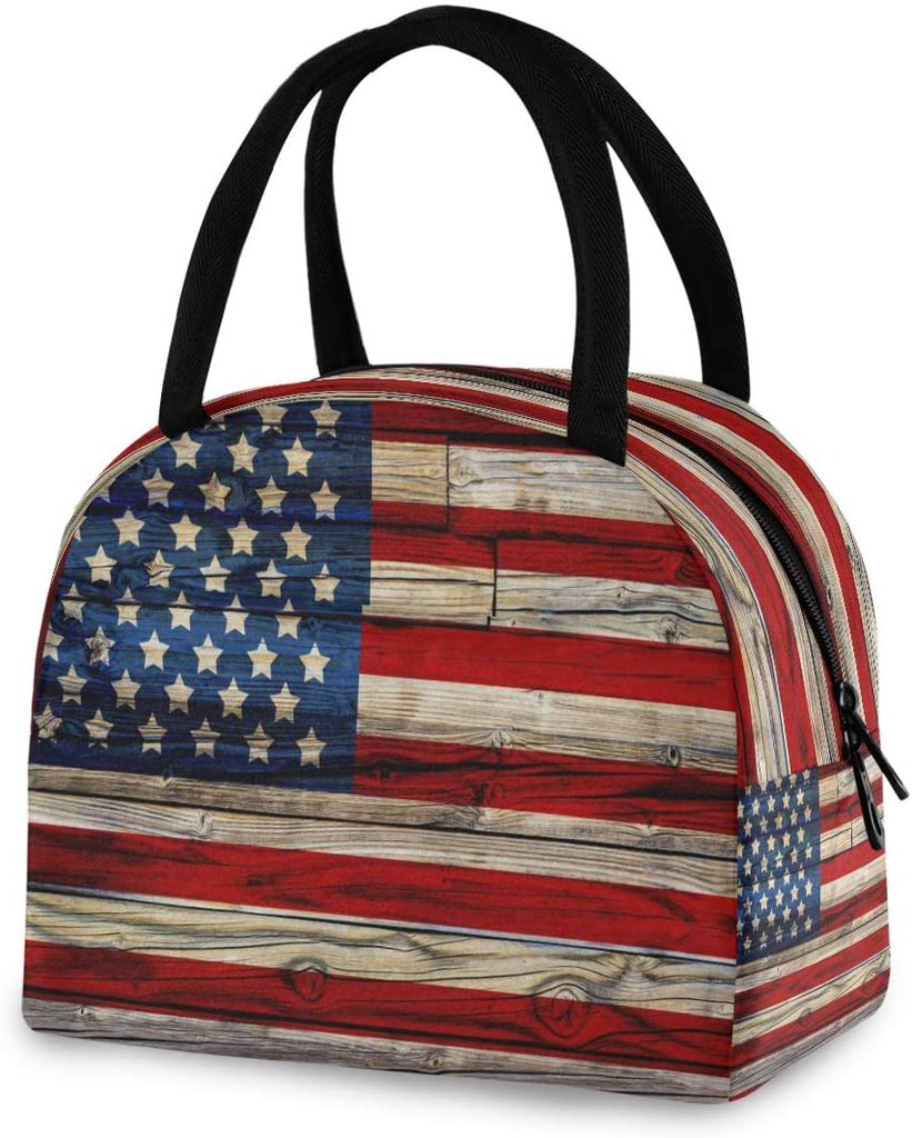 ZZKKO American USA Flag Retro Lunch Bag Box Tote Organizer Lunch Container Insulated Zipper Meal Prep Cooler Handbag For Women Men Home School Office Outdoor Use