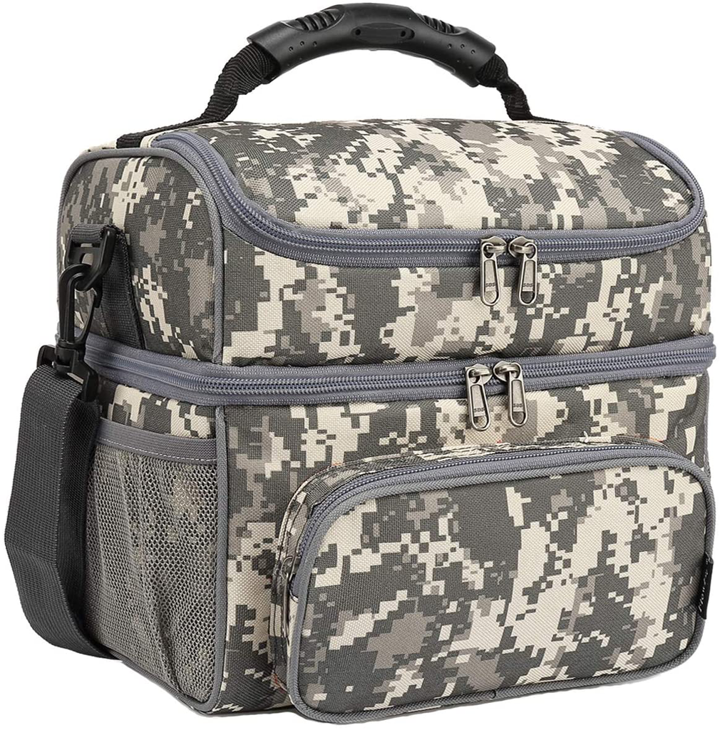FlowFly Double Layer Cooler Insulated Lunch Bag Adult Lunch Box Large Tote Bag for Men, Women, With Adjustable Strap,Front Pocket and Dual Large Mesh Side Pockets,Digital Camo