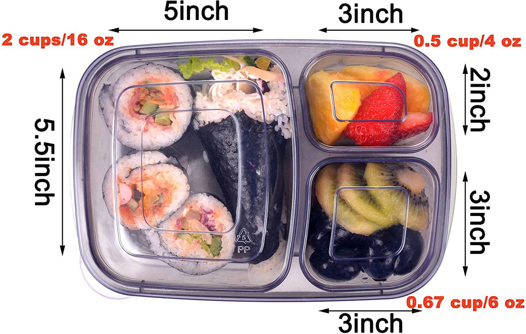 Youngever 7 Pack Bento Lunch Box, Meal Prep Containers, Reusable 3 Compartment Plastic Divided Food Storage Container Boxes
