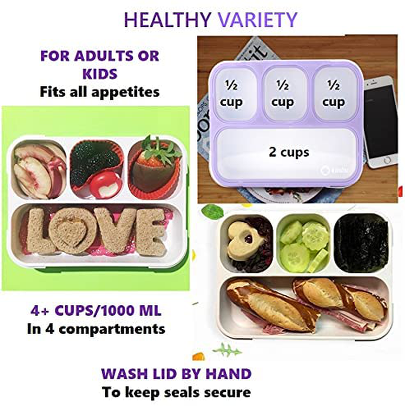 Bento Lunch Box Container for Kids Adults, Leakproof Portion Control Meal Prep Containers, Japanese Style Boxes with 4 Compartments for Boys Girls Teens | Grey
